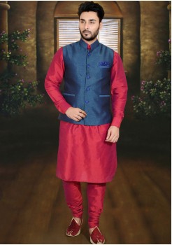 RED AND DARK BLUE MENS KURTA JACKET SET